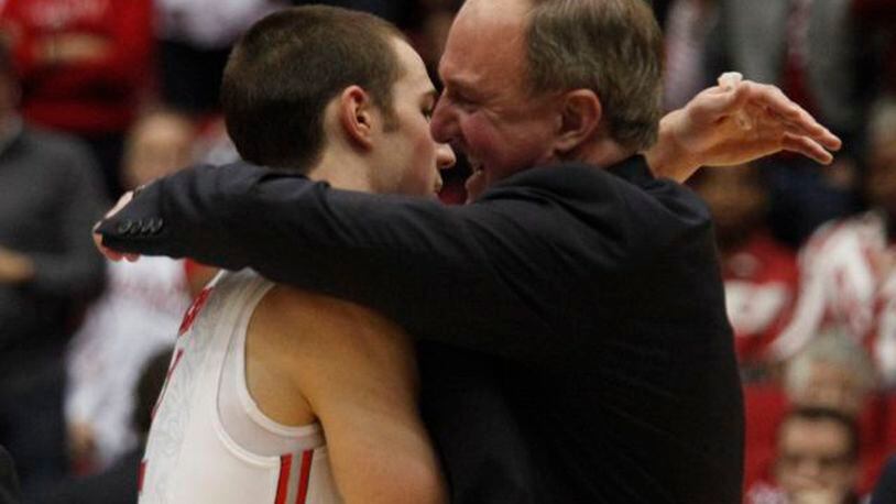 Ohio State coach Thad Matta hugs guard Aaron Craft after his game-winning 3-pointer. Ohio State beat Iowa State 78-75 on Sunday, March 24, 2013, in the third round of the NCAA tournament at UD Arena.