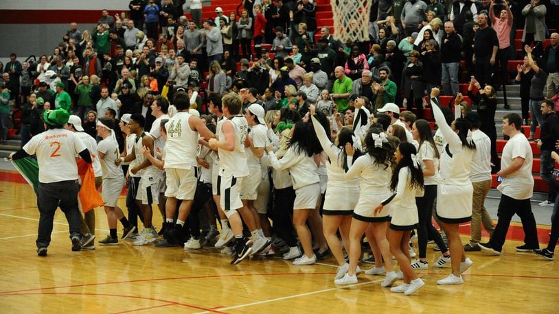Central Catholic celebrates after its 42-40 overtime win over Legacy Christian in Saturday’s Division IV sectional final. Greg Billing/CONTRIBUTED