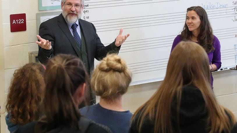 Paolo DeMaria, Superintendent of Ohio Public Schools, talks to students in the Melinda Lombard’s chorus class at Tecumseh High School Tuesday during his visit to the school. BILL Lackey/Staff