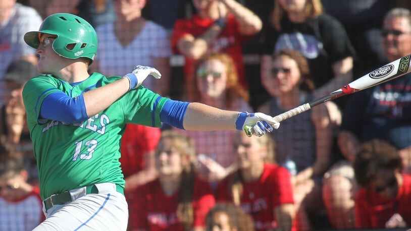 Chaminade Julienne’s Ben Thomas swings against Bishop Hartley in a Division II regional semifinal on Thursday, May 24, 2018, at Mason High School. David Jablonski/Staff