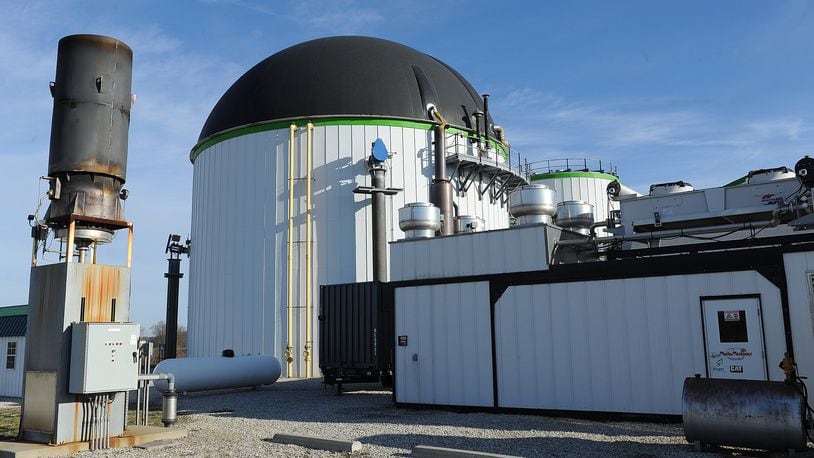 The Dovetail biodigester, operated by Renergy, Inc., uses an anerobic process to break down food waste and manure into fertilizer and methane gas for electricity in Greene County. The breakdown process happens in a sealed dome with the energy generated in a smaller building. MARSHALL GORBY\STAFF