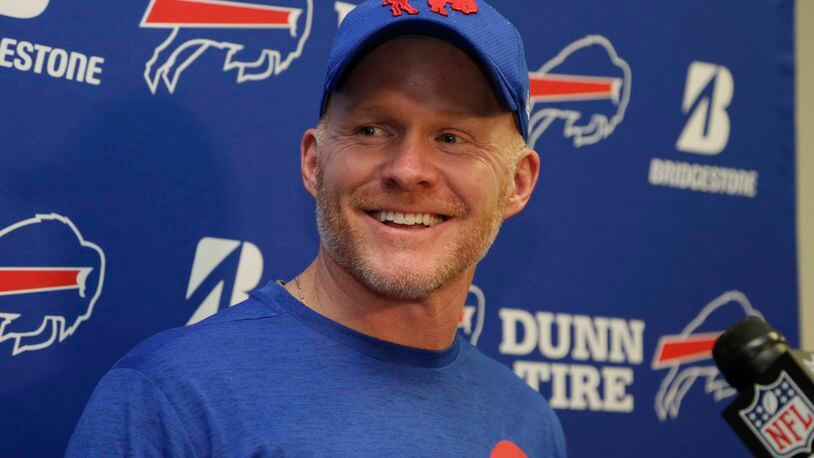 Buffalo Bills head coach Sean McDermott smiles during a post-game news conference at the end of an NFL football game against the Miami Dolphins, Sunday, Dec. 31, 2017, in Miami Gardens, Fla. The Bills defeated the Dolphins 22-16. (AP Photo/Lynne Sladky)