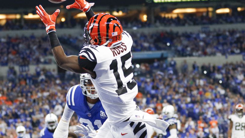 Cincinnati Bengals wide receiver John Ross (15) hauls in this touchdown pass in the second quarter against the Indianapolis Colts on Sunday, Sept. 9, 2018 at Lucas Oil Stadium in Indianapolis, Ind. (Sam Riche/TNS)