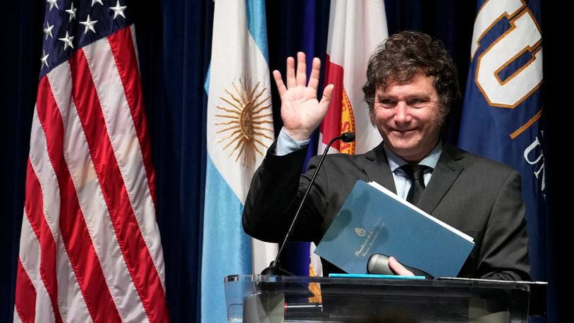 Argentine President Javier Milei waves after speaking to students at Florida International University, Thursday, April 11, 2024, in North Miami, Fla. (AP Photo/Lynne Sladky)