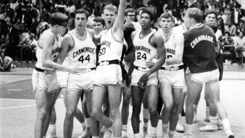 Chaminade Eagles basketball 1969-1970: Mike Eifert (32) Dan Gerhard (44), Ted Wuebben (50), Terry Tyler (24) and Paul Kurpiel (30).