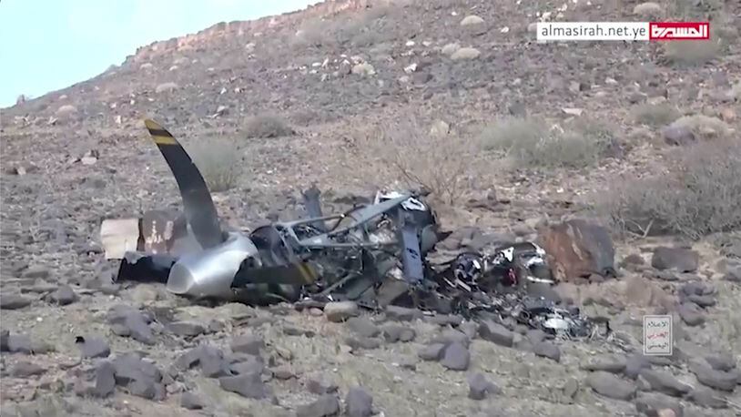 This still image from video provided by ALMasirah TV shows wreckage from unmanned aircraft in Yemen, on Saturday, April 27, 2024. Yemen’s Houthi rebels have claimed shooting down another of the U.S. military’s drones. They aired footage Saturday of parts that corresponded to known pieces of the unmanned aircraft. The U.S. military acknowledged to The Associated Press that “a U.S. Air Force MQ-9 drone crashed in Yemen.” It said an investigation is underway. ( ALMasirah TV via AP)