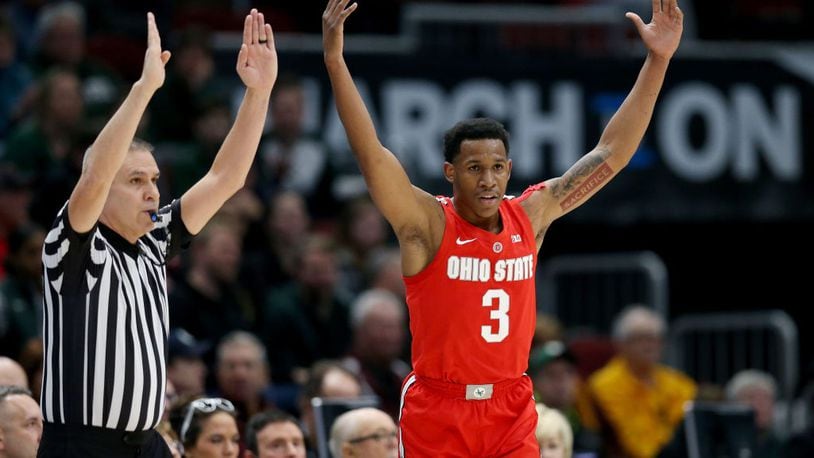 CHICAGO, ILLINOIS - MARCH 15:  C.J. Jackson #3 of the Ohio State Buckeyes reacts in the first half against the Michigan State Spartans during the quarterfinals of the Big Ten Basketball Tournament at the United Center on March 15, 2019 in Chicago, Illinois. (Photo by Dylan Buell/Getty Images)