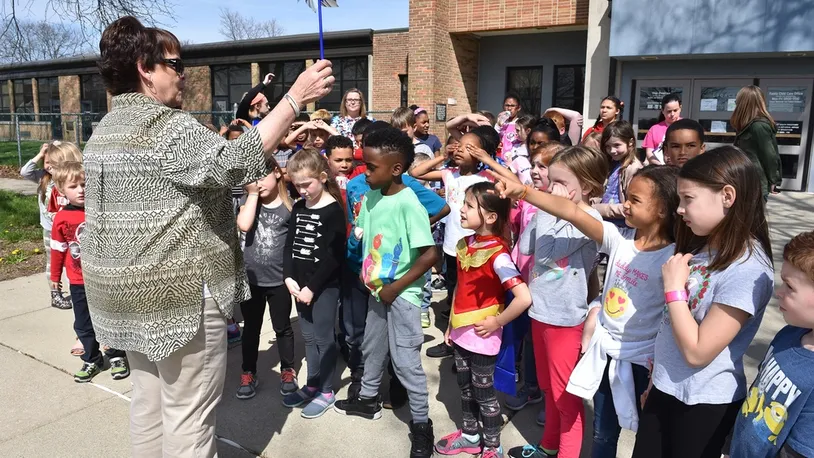 Beverley Knight-Stukenborg, 88th Medical Group family advocacy outreach manager talks to the children at the Prairies Child Development Center school age program at Wright-Patterson Air Force Base, April 26, 2018. U.S. Air Force photo by Al Bright