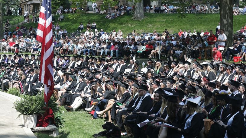 Wittenberg University held it's 172nd Commencement Ceremony outside at Commencement Hollow Saturday, May 14, 2022. Graduates received their degrees and then marched up the hill in front of Myers Hall where they stomped the Wittenberg Seal in the sidewalk. BILL LACKEY/STAFF