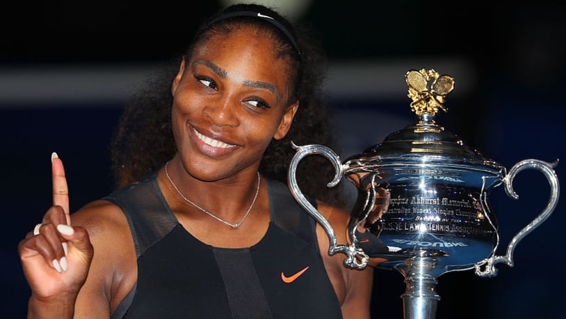 MELBOURNE, AUSTRALIA - JANUARY 28:  Serena Williams poses with the Daphne Akhurst Trophy after winning the Women's Singles Final against Venus Williams of the United States on day 13 of the 2017 Australian Open at Melbourne Park on January 28, 2017 in Melbourne, Australia.  (Photo by Scott Barbour/Getty Images)