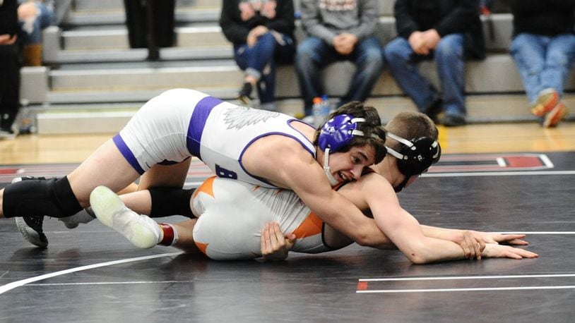 Mechanicsburg sophomore Luke Stroud won the Division III sectional championship at 120 pounds, one of 10 Indians wrestlers to qualify for next week’s district meet. Greg Billing / Contributed