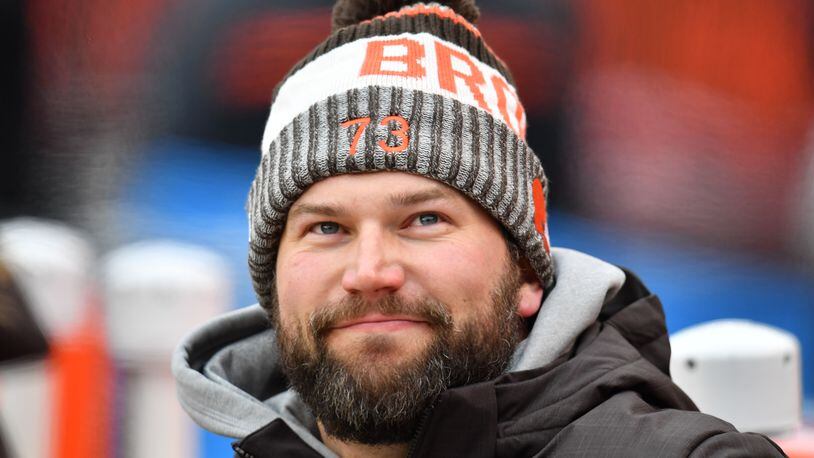 CLEVELAND, OH - DECEMBER 10: Joe Thomas #73 of the Cleveland Browns looks on from the sidelines durning the game against the Green Bay Packers at FirstEnergy Stadium on December 10, 2017 in Cleveland, Ohio. (Photo by Jason Miller/Getty Images)