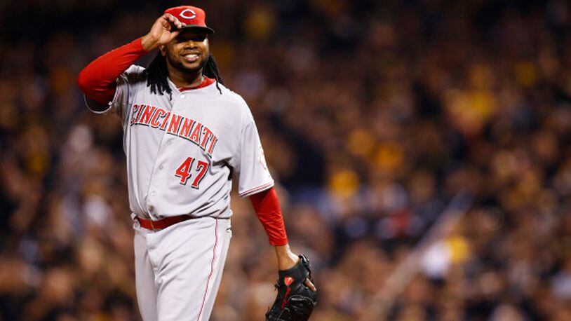 PITTSBURGH, PA - OCTOBER 01: Johnny Cueto #47 of the Cincinnati Reds reacts against the Pittsburgh Pirates during the National League Wild Card game at PNC Park on October 1, 2013 in Pittsburgh, Pennsylvania. (Photo by Jared Wickerham/Getty Images)
