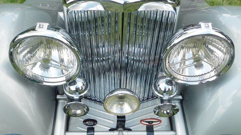 The headlights and grille of Dan Strayer’s 1934 Bentley Drop Head Coupe at British Car Day. 2017 Photo by Mike Edgerton