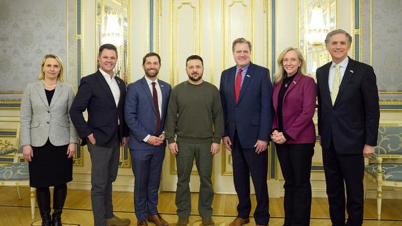 U.S. Rep. Mike Turner, R-Dayton, and a delegation from the U.S. House of Representatives visited Ukraine the week of Feb. 4, 2024 and met with Ukrainian President Volodymyr Zelenskyy. (From left) U.S. Ambassador Bridget Brink, U.S. Rep. Zach Nunn (R-Iowa), U.S. Rep. Jason Crow (D-Colorado), Ukrainian President Volodymyr Zelenskyy, House Permanent Select Committee on Intelligence Chairman Mike Turner (R-Dayton), U.S. Rep. Abigail Spanberger (D-Virginia), and U.S. Rep. French Hill (R-Arkansas).