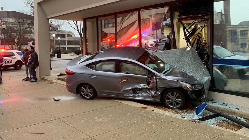 There were no injuries after a two-car crash on Monday, Jan. 25, 2021, sent one car into Park National Bank, 40 S. Limestone St., in Springfield.