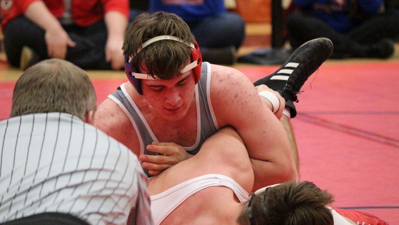 Northwestern’s Nathan Snyder won the Central Buckeye Conference wrestling title at 195 pounds Saturday at Bellefontaine High School. Greg Billing/CONTRIBUTED