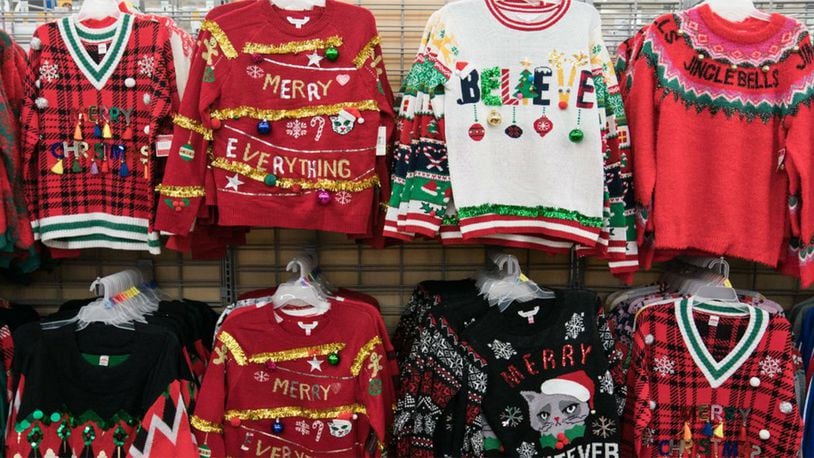 Christmas sweaters are seen in Walmart on November 28, 2019 in King of Prussia, United States.