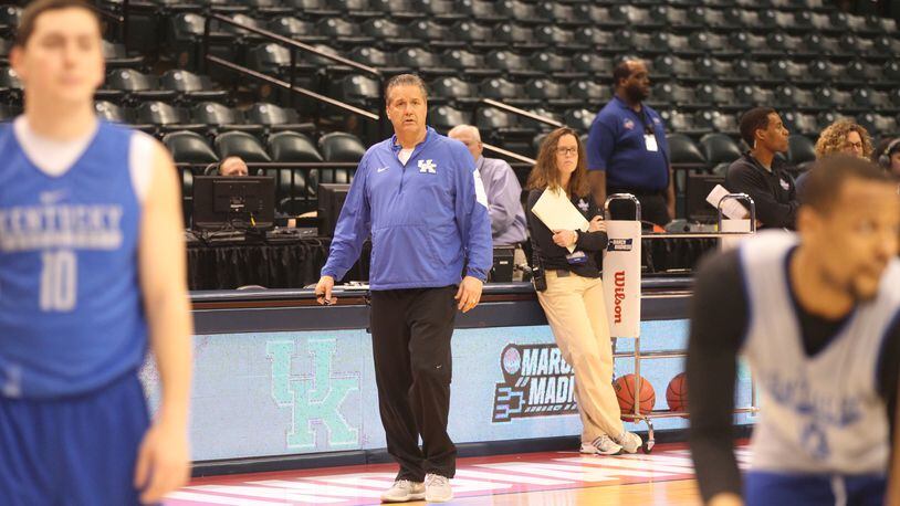 Kentucky’s John Calipari watches his team practice on Thursday, March 16, 2017, at Bankers Life Fieldhouse in Indianapolis. David Jablonski/Staff