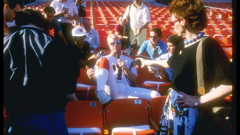 17 Jan 1989:  Quarterback Boomer Esaison # 7 of the Cincinnati Bengals meets the press before the Super Bowl XXIII game with the San Francisco 49ers at the Joe Robbie Stadium in Miami, Florida.  The 49ers won, 20-16. Mandatory Credit: Rick Stewart  /Allsp