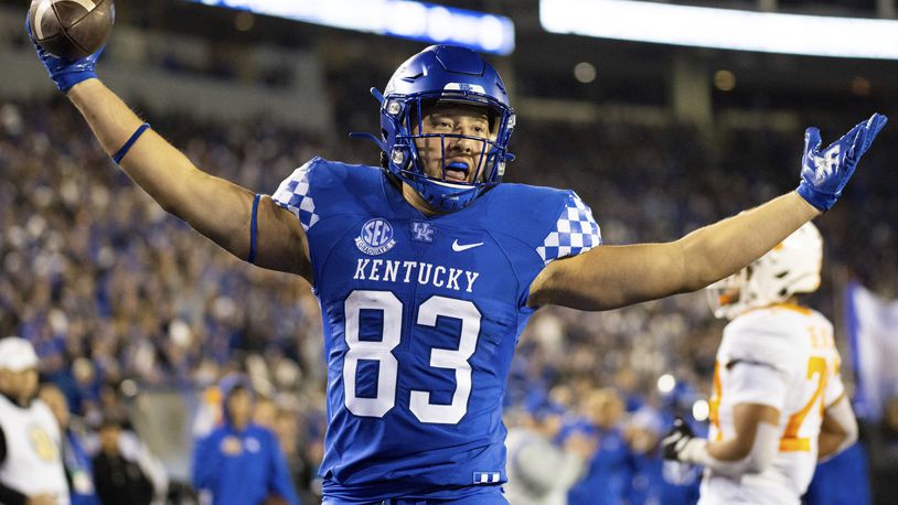 Kentucky tight end Justin Rigg (83) celebrates scoring a touchdown during the first half of an NCAA college football game against Tennessee in Lexington, Ky., Saturday, Nov. 6, 2021. (AP Photo/Michael Clubb)