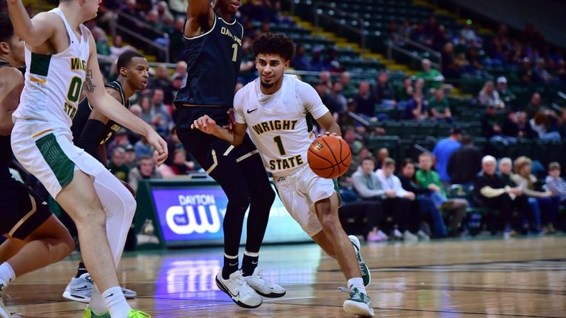 Wright State point guard Trey Calvin drives in the lane during Thursday's Horizon League quarterfinal vs. Oakland at the Nutter Center. Joe Craven/Wright State Athletics