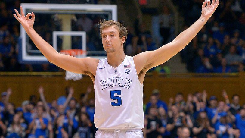 DURHAM, NC - NOVEMBER 26:  Luke Kennard #5 of the Duke Blue Devils reacts after making a three-point basket against the Appalachian State Mountaineers during the game at Cameron Indoor Stadium on November 26, 2016 in Durham, North Carolina.  (Photo by Grant Halverson/Getty Images)