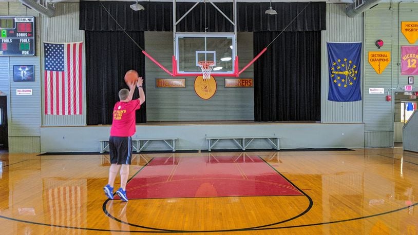 Andy Murphy takes a shot in Hoosier Gym in Knightstown, Ind., in 2020.