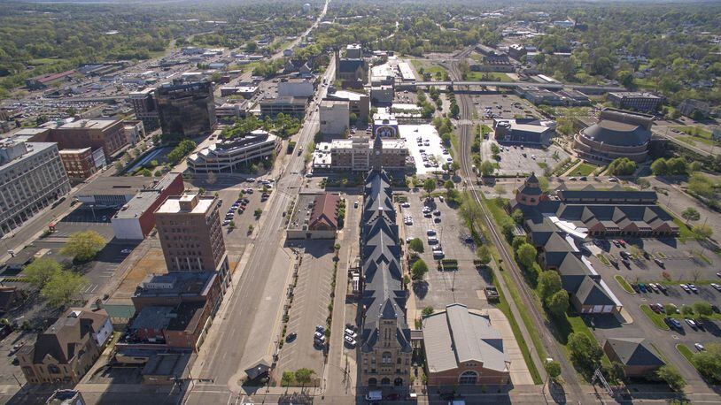 An aerial view of downtown Springfield looking east on April 24, 2017. Clark County has proposed a $60 annual tax assessment to pay for a countywide 9-1-1 dispatch center that would include all improved parcels in the county. TY GREENLEES / STAFF
