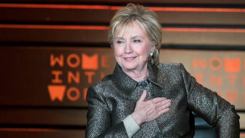 Former Secretary of State Hillary Clinton reacts after being asked if she planned on running for office again during the Women in the World Summit at Lincoln Center in New York, Thursday, April 6, 2017. (AP Photo/Mary Altaffer)