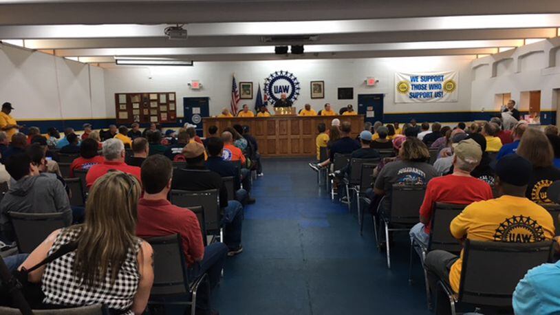 Nearly all seats in the United Auto Workers 696 union hall were filled for a UAW rally in April. THOMAS GNAU/STAFF