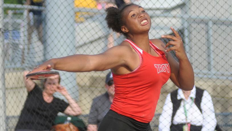 Troy freshman Lenea Browder won the discus and shot put during the first day of the GWOC divisional track and field championships at Troy's Memorial Stadium on Wednesday, May 10, 2017. MARC PENDLETON / STAFF