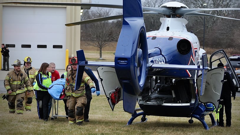 A man who was stabbed by a member of his family was transported to a medical helicopter at the Hustead Fire Department Thursday, Jan. 5, 2023. MARSHALL GORBY \STAFF