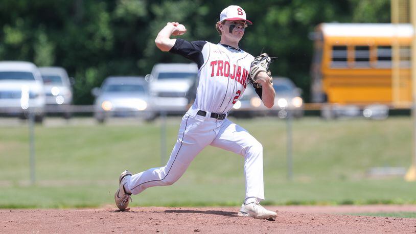 Cutline: Southeastern High School junior Zach McKee motions towards the plate during their Division IV regional semifinal game against Bradford on Thursday, June 1 at Carleton Davidson Stadium. McKee threw a complete game shutout as the Trojans won 6-0. CONTRIBUTED PHOTO BY MICHAEL COOPER