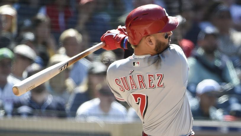 The Reds’ Eugenio Suarez hits a solo home run during the seventh inning against the San Diego Padres at Petco Park April 21, 2019 in San Diego, California. (Photo by Denis Poroy/Getty Images)