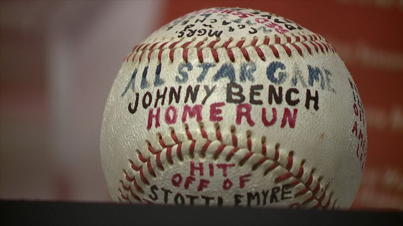 A home run ball hit by Cincinnati Reds Hall of Famer Johnny Bench during an All Star Game is part of the Reds Hall of Fame and Museum exhibit. Contributed