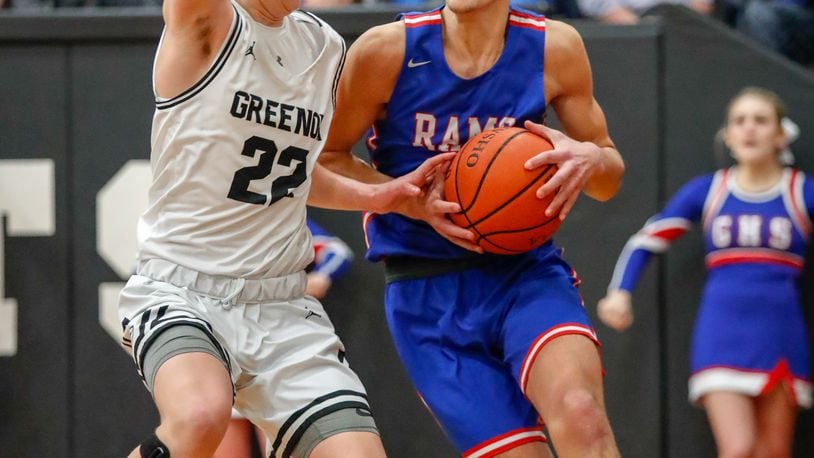 Cutline1: Greeneview's Cole Allen drives the baseline while being guarded by Greenon's Mason Potter during their game last February in Enon. Allen ranks among the OHC leaders in scoring at 17.0 points per game. Michael Cooper/CONTRIBUTED