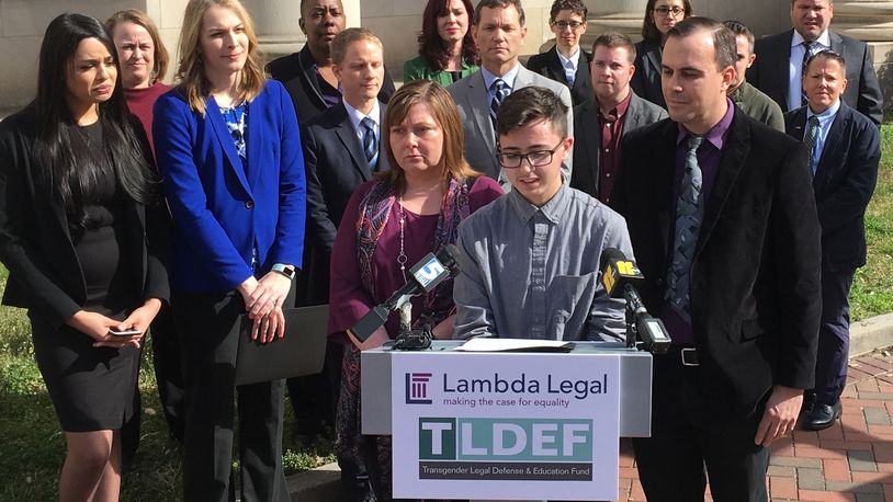 FILE - Connor Thonen-Fleck addresses reporters while his parents stand by his side, March 11, 2019, in Durham, N.C. West Virginia and North Carolina's refusal to cover certain health care for transgender people with government-sponsored insurance is discriminatory, a federal appeals court ruled Monday, April 29, 2024 in a case likely headed to the U.S. Supreme Court. (AP Photo/ Jonathan Drew, FIle)