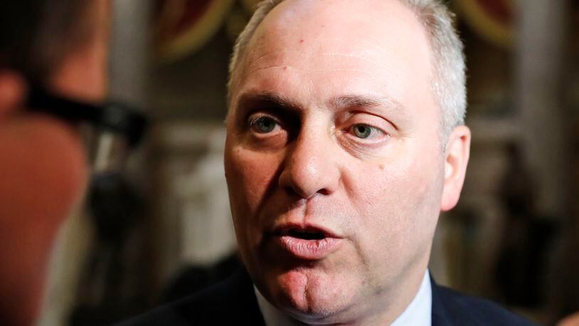 In this May 17, 2017 photo, Majority Whip Rep. Steve Scalise, R-La., speaks with the media on Capitol Hill in Washington. (AP Photo/Alex Brandon)