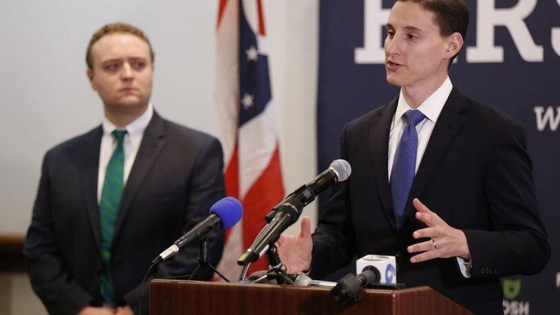 State Treasurer Josh Mandel speaks at a press conference on Monday, May 8, 2017 about his pledge to support term limits on the House and Senate if he is elected to the U.S. Senate. He was joined by Nick Tomboulides, executive director of U.S. Term Limits, an organization that advocates for term limits at all levels of government.