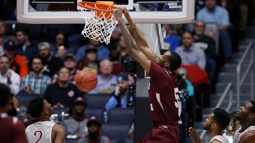 DAYTON, OH - MARCH 14: Trayvon Reed #5 of the Texas Southern Tigers dunks the ball in the second half against the North Carolina Central Eagles during the First Four of the 2018 NCAA Men’s Basketball Tournament at UD Arena on March 14, 2018 in Dayton, Ohio. (Photo by Joe Robbins/Getty Images)