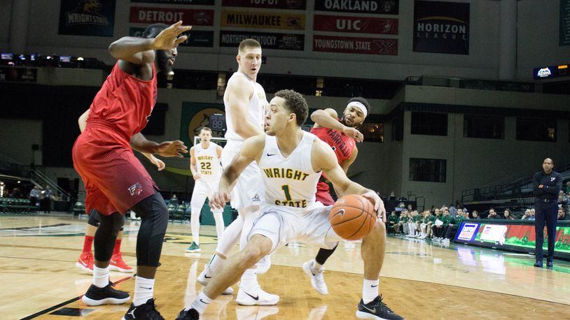 Wright State’s Justin Mitchell looks for room to operate during Sunday’s game vs. Fairfield at the Nutter Center. Allison Rodriguez/CONTRIBUTED