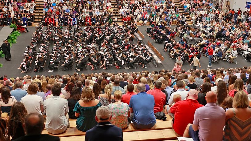 Wittenberg University will celebrate 280 graduates during its 174th commencement ceremony on Saturday at Commencement Hollow. In this file photo, the university held its 2023 Commencement Ceremony indoors for the first time since 2011 in the Pam Evans Smith Arena. FILE/BILL LACKEY/STAFF