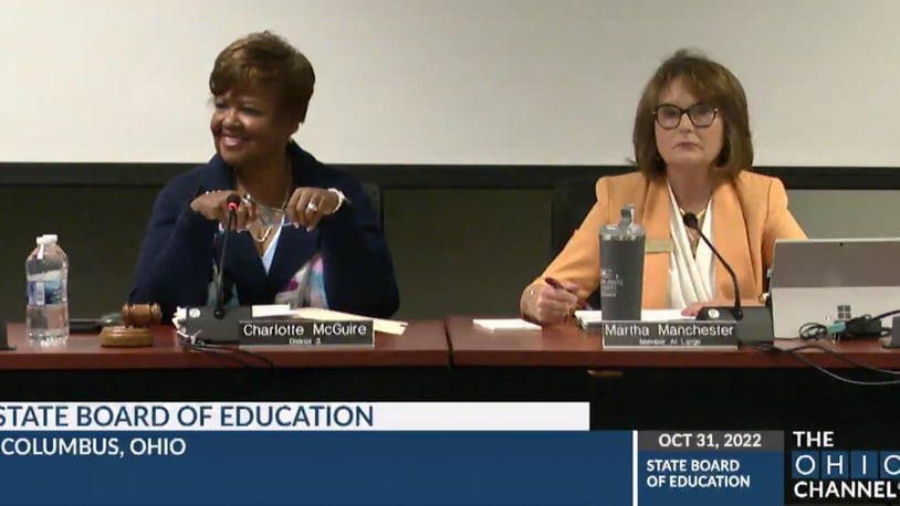State school board President Charlotte McGuire (left) and Vice President Martha Manchester presented two of the resolutions that were considered on transgender policy, but theirs were not selected for vote by the full state board. PHOTO COURTESY THE OHIO CHANNEL