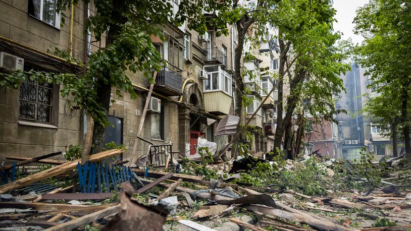 In this photo provided by the Dnipropetrovsk Regional Military Administration, a view of the damage after Russia's attack on residential building in Dnipro, Ukraine, Friday, April 19, 2024. (Dnipropetrovsk Regional Military Administration via AP Photo)