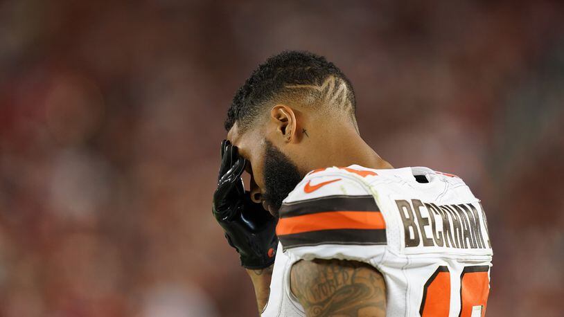 SANTA CLARA, CALIFORNIA - OCTOBER 07: Odell Beckham Jr. #13 of the Cleveland Browns stands on the sidelines rubbing his forehead against the San Francisco 49ers during the third quarter of an NFL football game at Levi’s Stadium on October 07, 2019 in Santa Clara, California. The 49ers won the game 31-3. (Photo by Thearon W. Henderson/Getty Images)