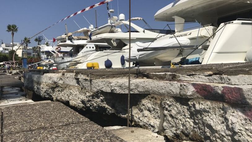 A broken quay is raised by several inches in the harbor on the island of Kos after Friday's earthquake in the Aegean Sea.