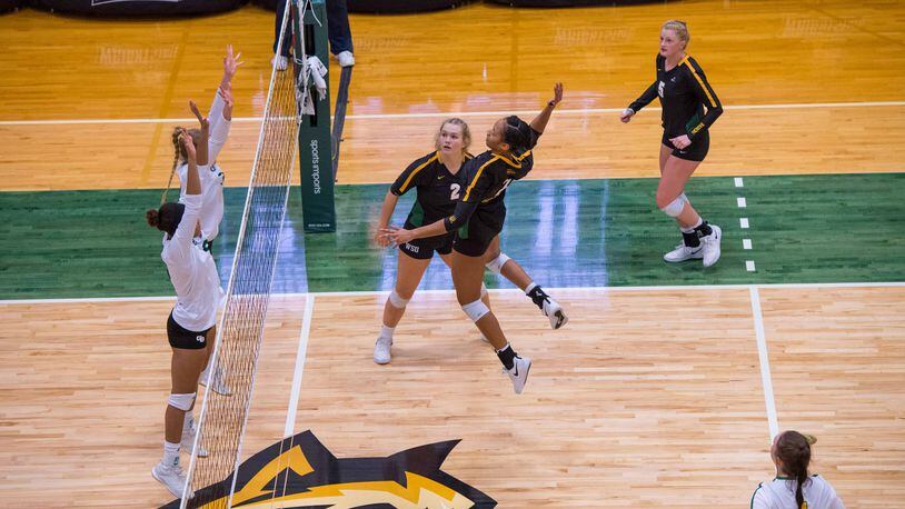 Wright State’s Nyssa Baker prepares to hit the ball at the net vs. Green Bay on Nov. 2, 2019, at McLin Gym. Joseph Craven/WSU Athletics