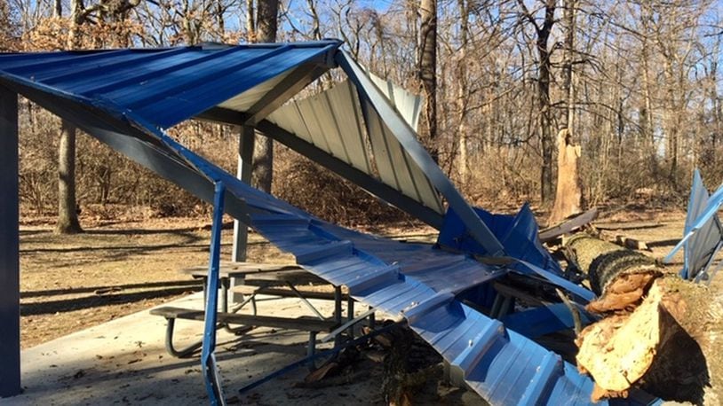 High winds on Sunday evening caused a tree in Perrin Woods Park to fall on a shelter house that was donated by the Zeta Phi Beta sorority within the last year. JENNA LAWSON/STAFF.
