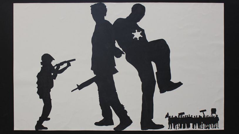 “Evolution of Black Protests in History,” a 2014 work on paper by students from the Dayton Regional STEM School, part of the current “Breathing Deeply, Pushing Back” exhibition at the Dayton Visual Arts Center. CONTRIBUTED